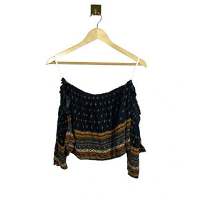 FARM Rio Off the Shoulder Bell Sleeve Flowy Patterned Blouse in Black Multi OS